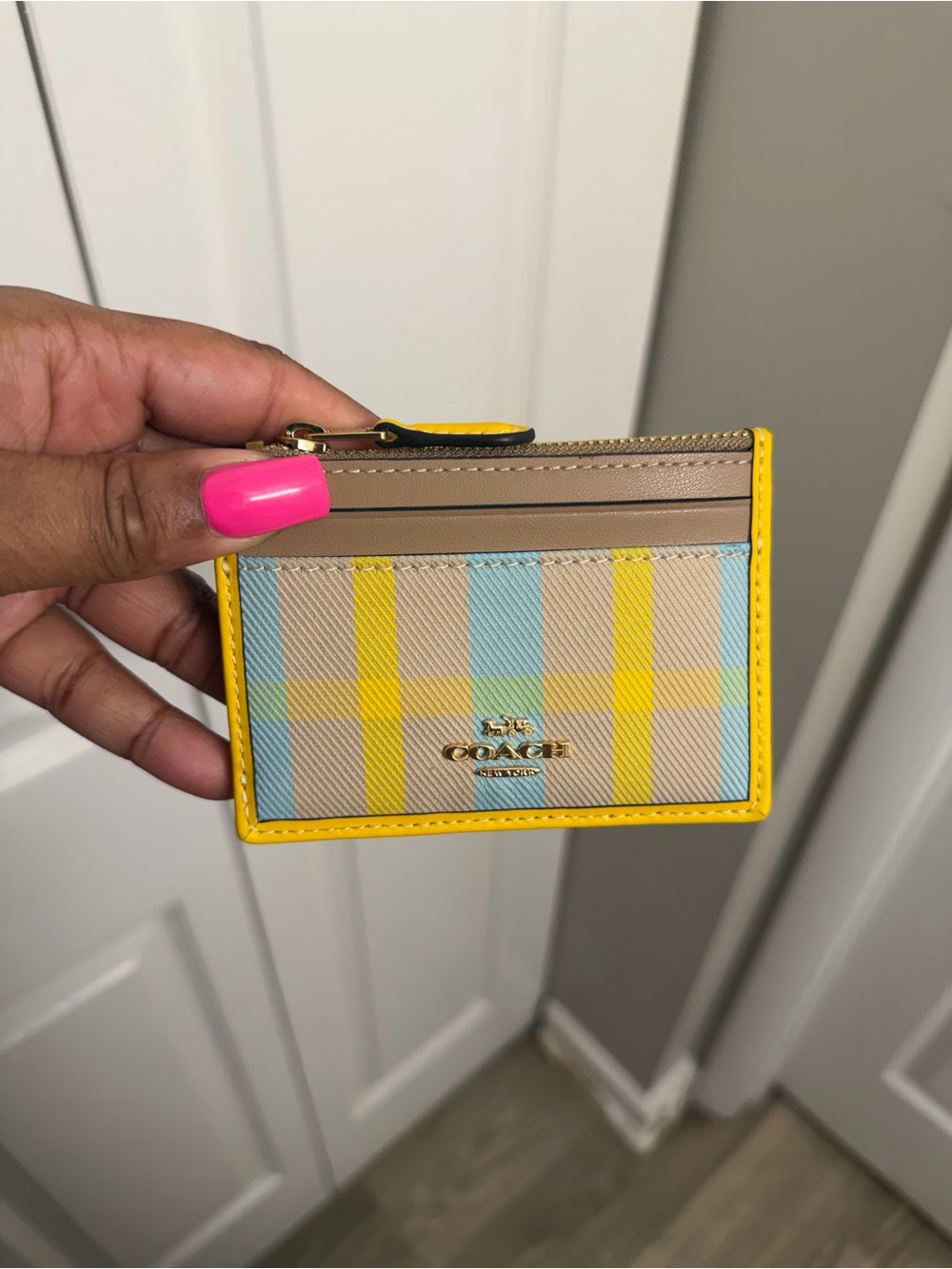 Coach Plaid Card Case in Yellow, Blue and Tan